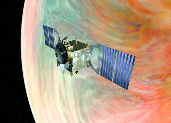 Imagem artística da sonda Venus Express e do planeta Vénus (Créditos ESA-Venus Express)