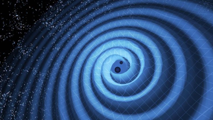 Ilustração dos dois buracos negros a aproximarem-se um do outro e a produzirem ondas gravitacionais T PYLE - LIGO(1)