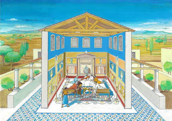 Recriação artística do "triclinium" ou sala de refeições da villa romanada da Abicada, da autoria de José de Sousa e Jorge Vidal.