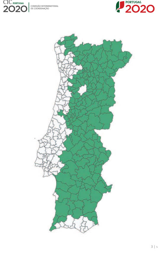 A verde, os municípios abrangidos pela classificação de Territórios de Baixa Densidade