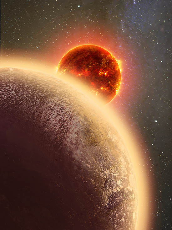 Imagem artística, com o planeta GJ 1132b no canto inferior esquerdo, e a estrela anã vermelha GJ 1132 ao centro