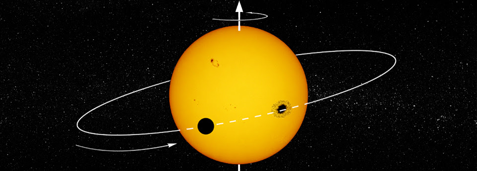 Imagem artística de um exoplaneta a transitar a sua estrela-mãe, com trajetória que o leva a ocultar uma mancha da estrela. Crédito- Ricardo Cardoso Reis