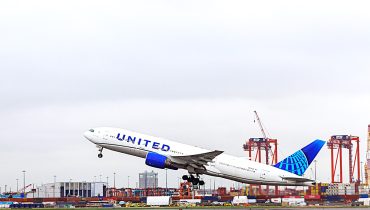 An United Airlines passenger aircraft departing Newark Liberty International Airport taking off