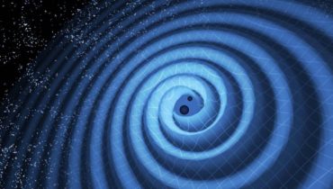 Ilustração dos dois buracos negros a aproximarem-se um do outro e a produzirem ondas gravitacionais T PYLE - LIGO(1)